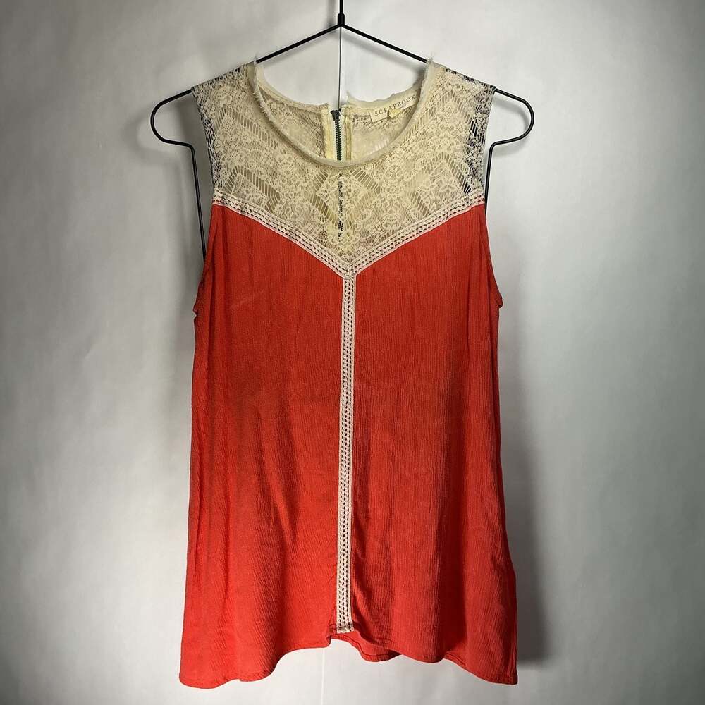 Scrapbook Women's Coral Sleeveless Tank Top with Lace Yoke and Vertical Trim